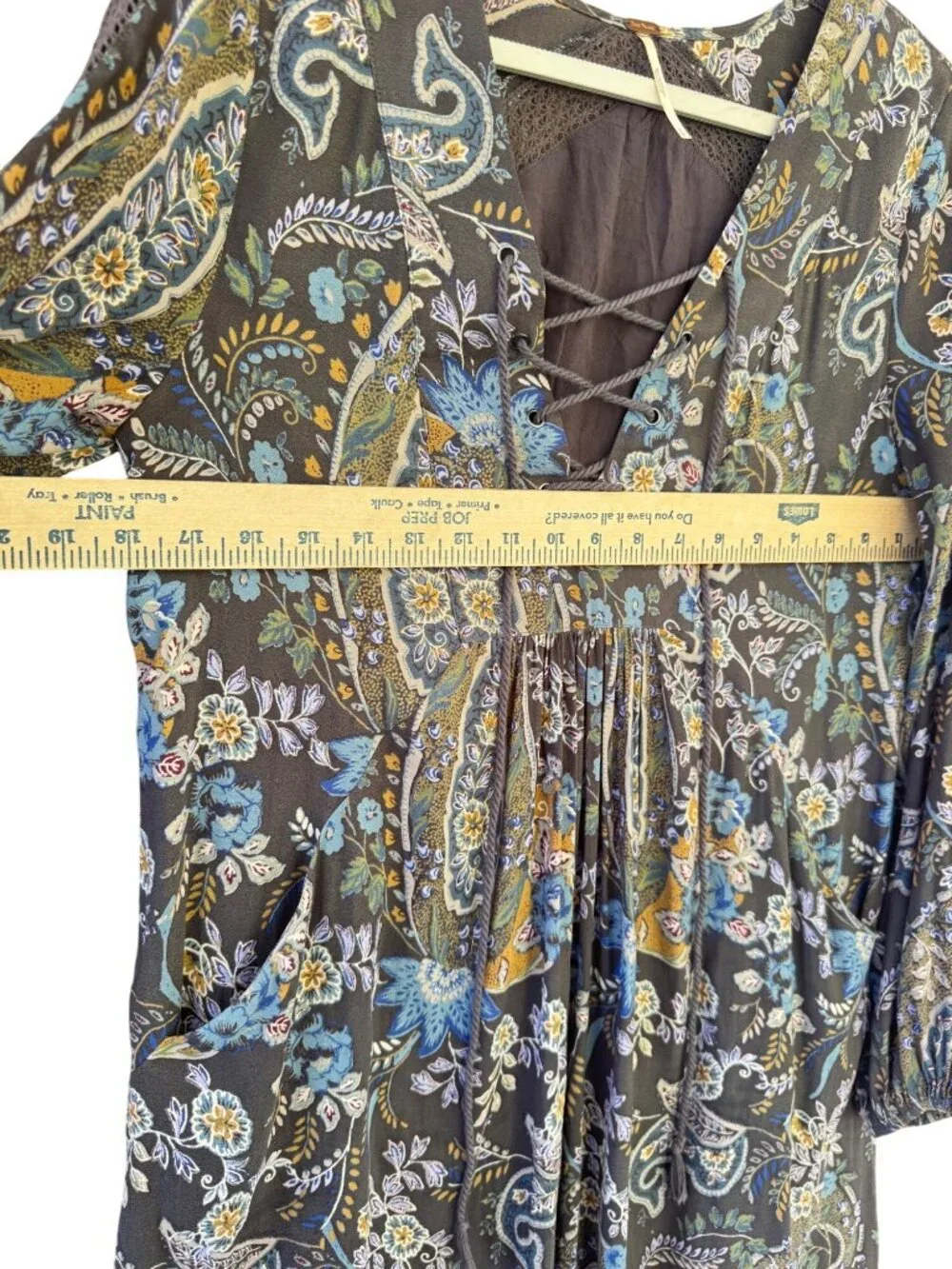 Free People Rain Or Shine Paisley Lace Up Boho Tunic Dress Pockets Size Small